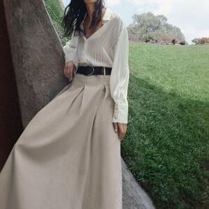 Zara Linen And Cotton Beige A-Line Skirt